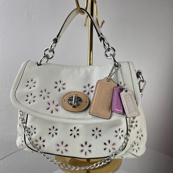 Coach Poppy Eyelet Leather Satchel Crossbody Bag Cream White Purse - Picture 1 of 12